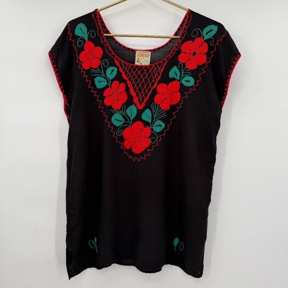 El Interior La Sirena Mexican Embroidered Black Cotton Folk Blouse
